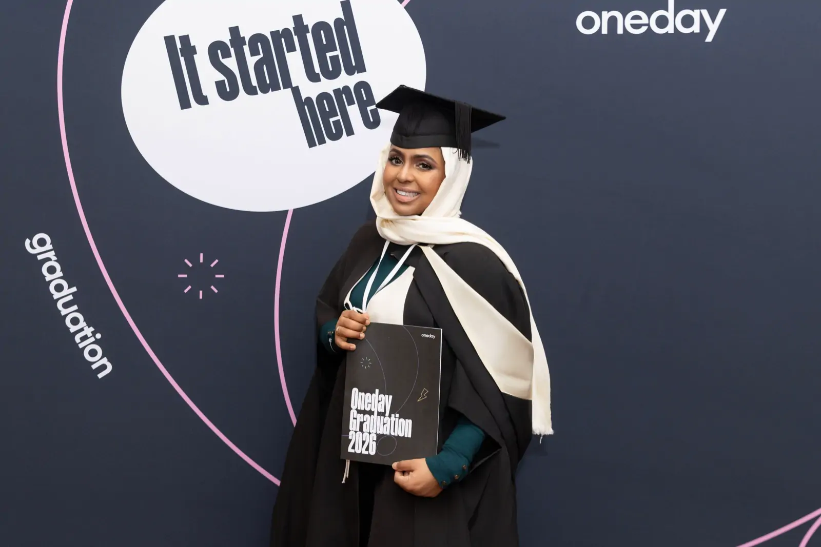 Ines Abdalla in front of the graduation backdrop reading It started here