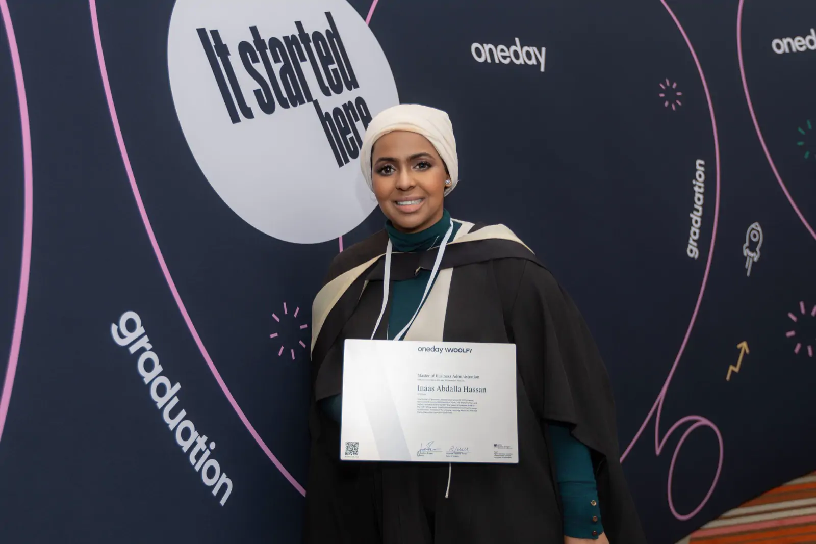 Ines Abdalla in graduation robes, holding her certificate and smiling at the camera